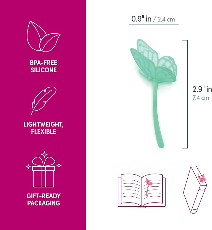Genuine Fred FLUTTERMARKS Butterfly Bookmarks – Set of 3 Soft Silicone Page Markers – Vibrant and Flexible Bookmarks for Readers and Book Lovers