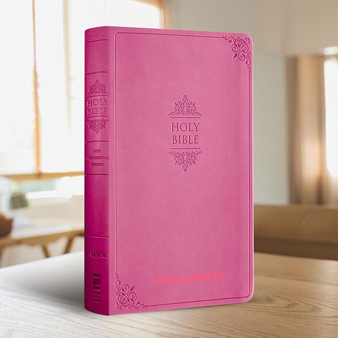 Personalized NIV Thinline Holy Bible Medium Print Size Custom Engraved | Includes Name and Up to 3 Rows of Text on Faux Leather cover | Custom Gift for Christian & Religious Celebrations | Pink