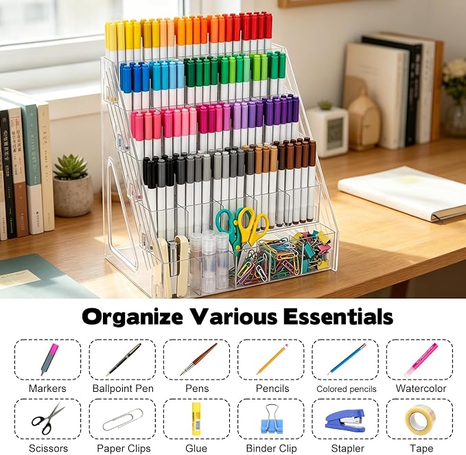 YEXEXINM 5 Tier Acrylic Desk Organizer with 25 Compartments Clear Pen Holder for Pens Pencils Markers and Art Supplies Large Capacity Desk Storage Rack for Home Classroom Office and Art Studio
