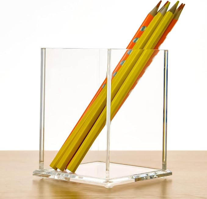 AIMOLLY Clear Acrylic Pencil Pen Holder Cup, Desk Accessories Holder,Makeup Brush Storage Organizer, Modern Design Desktop Stationery Organizer for Office School Home Supplies, 3.1x 3.1x 4.3 inch