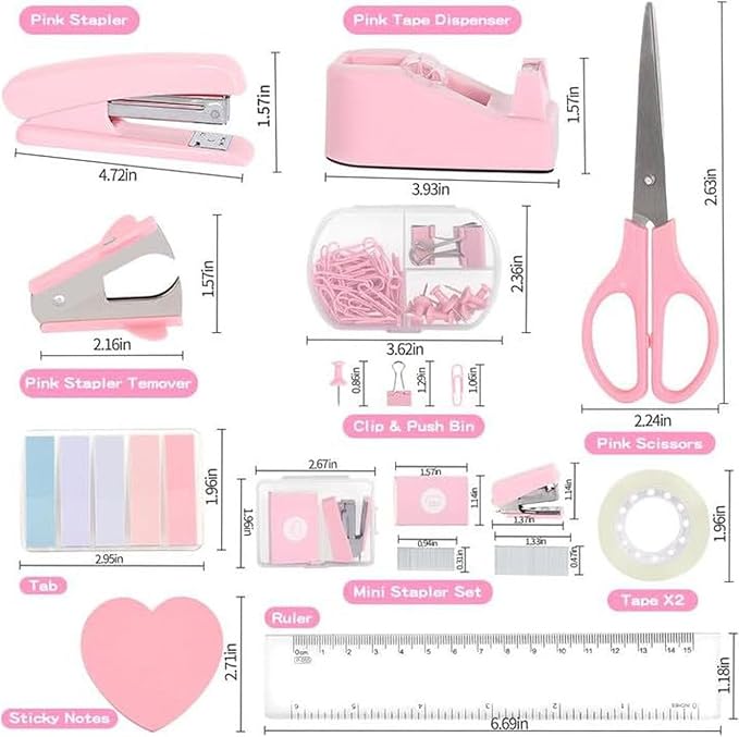 Office Supplies Set Pink 13 Pcs with Rotating Pen Holder Stapler Tape Dispenser Scissors Ruler Clips Kit for Desk Organization School Home Workplace Accessories and Employee Gifts (Pink)