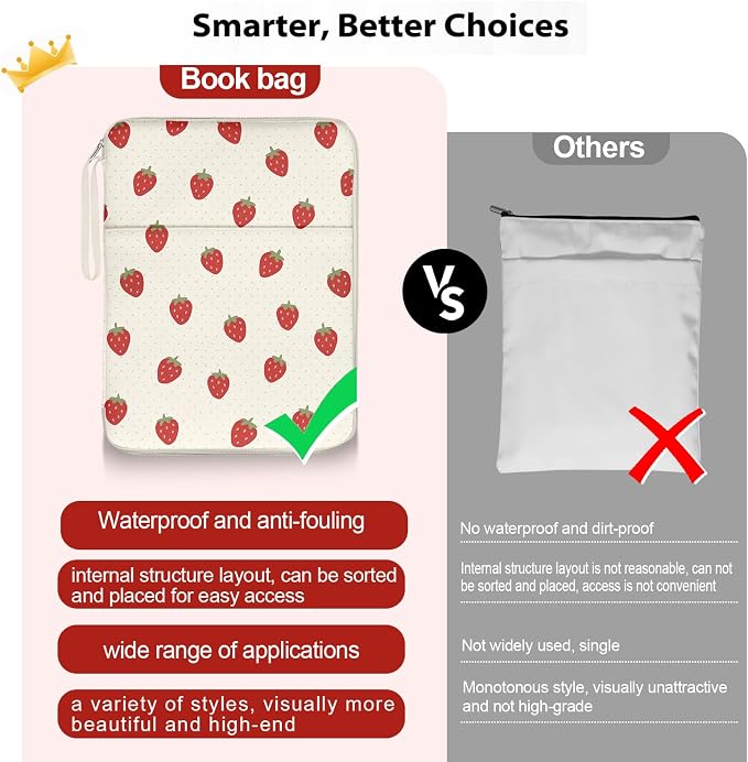 Book Pouch, Book Sleeve with Zipper and Extra Sleeve Pocket Paperback Hardcover Protector, PU Leather Waterproof for Girls Teacher Students-Strawberies