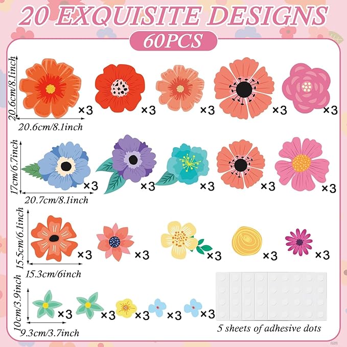 60Pcs Back to School Wildflowers Bulletin Board Decoration Wildflowers Classroom Decor Cutouts Set Preschool Floral Themed Card Teacher Students Supplies for Party School Classroom Walls Blackboard