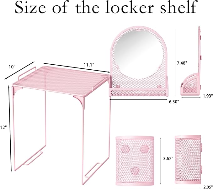 Svartur Locker Shelf with Locker Mirror Magnetic & 2 Magnetic Pen Cups, Locker Organizer for Work, Mesh Metal Locker Accessories Kit for School Locker, Locker Decor Office Supplies, Pink