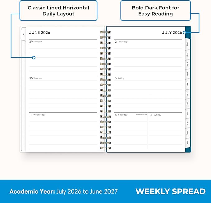 Blue Sky 2026-2027 Weekly and Monthly Academic Year Planner Calendar, July 2026 - June 2027, 5" x 8", Flexible Cover, Wirebound, Laminated Tabs, Bakah Blue