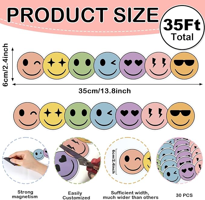 30 Pcs Boho Smile Face Magnetic Bulletin Board Borders 35 Ft Reusable Smile Magnetic Border Strip Happy Face Die Cut Trim Bulletin Board Decorations for Classroom Office & Activity Room Accessories