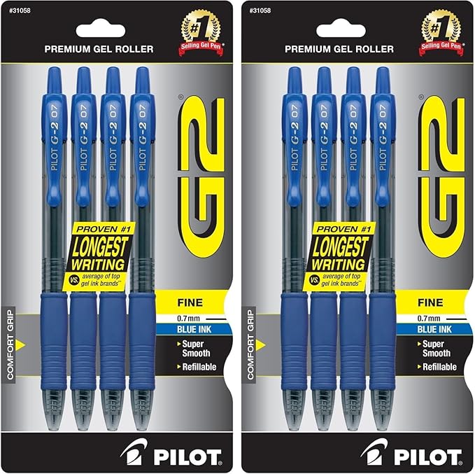 PILOT G2 Premium Gel Roller Pens,Fine Point 0.7 mm,Blue Ink Pens Fine Point,- Ideal for School,Journaling,and Office Writing,4 Count (Pack of 2)