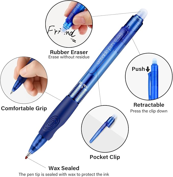 EUSOAR Blue Erasable Pens, 24 Pack Retractable Pens with Erasers (0.5mm) Smooth Writing, Make Mistakes Disappear Eraser Pen Fine Point for Office Note Taking Planner Crossword Puzzles