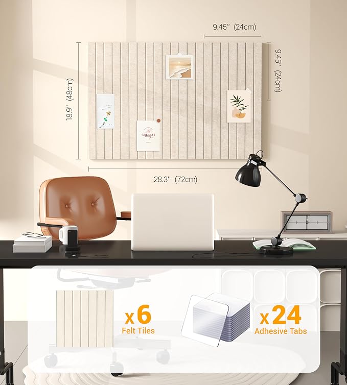1/2" Thick Cork Board for Office, 6 Pack Felt Wall Tiles -28"x18" with Safe Adhesive Tabs, Large Bulletin Board, Push Pin Board Organizer Wall - Beige