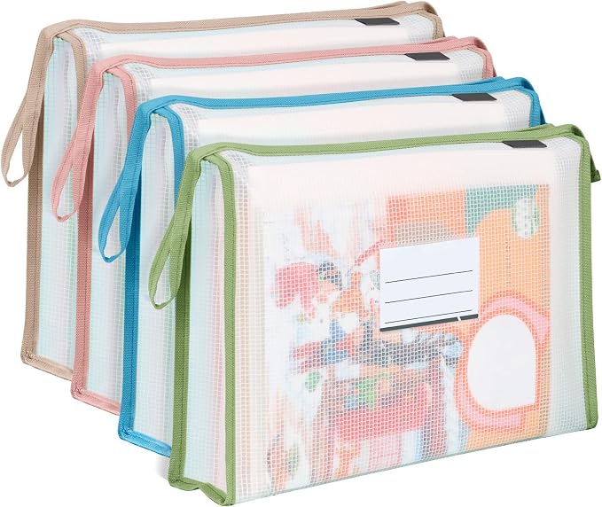 4 Pack A4 Plastic File Folder Poly Envelopes Expanding Wallet Document with Zipper and Label Pocket, Files Pouch Folders for Home, Office, School (4 Colors)