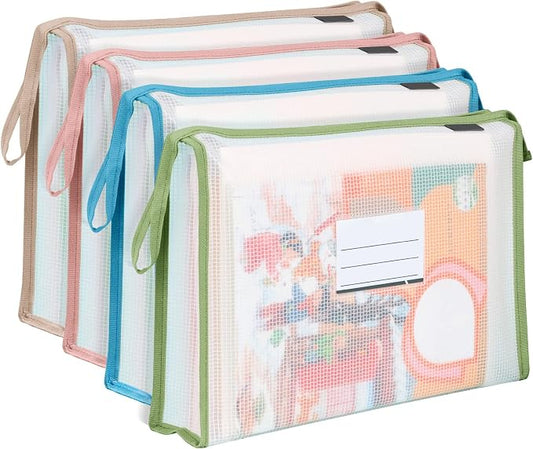 4 Pack A4 Plastic File Folder Poly Envelopes Expanding Wallet Document with Zipper and Label Pocket, Files Pouch Folders for Home, Office, School (4 Colors)