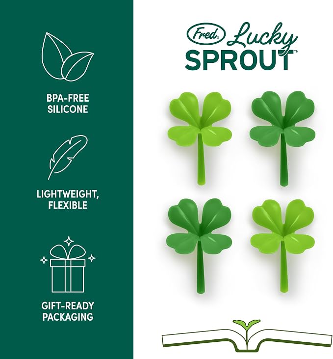 Genuine Fred Lucky Sprout Clover Bookmarks, Set of Four, Green, Thin Flexible Silicone, Fun Gift for Book Lovers, St. Patrick's Day, Teachers, and Gardeners