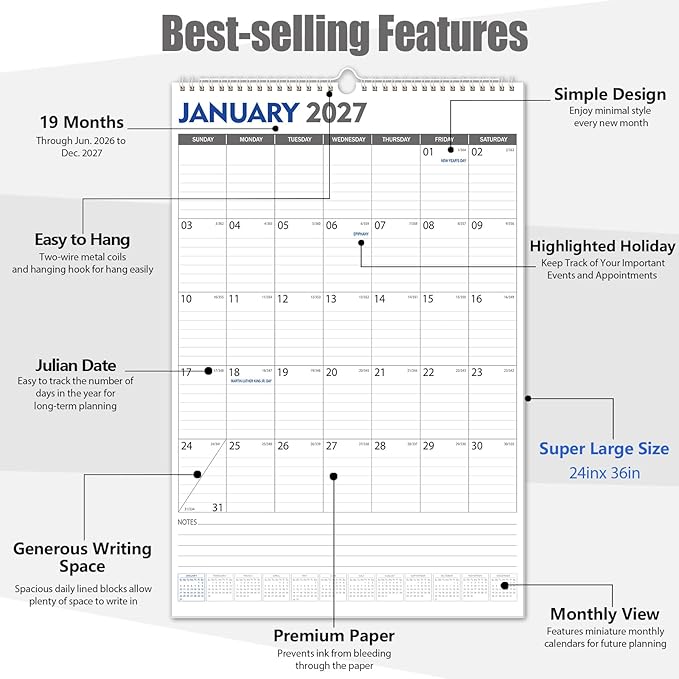 GuassLee Extra Large Wall Calendar 2026,Jumbo Vertical Wall Planner 2026-2027 from June 2026 to December 2027,19 Months with Julian Dates and Notes for Office School Home Teacher Planning,24"x 36"