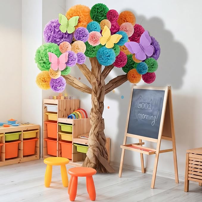 Pasimy 3D Cardboard Tree for Classroom Wall Bulletin Board - DIY Blooming Tree with Paper Pom Poms Pastel Butterflies Kraft Crafts for Kindergarten Preschool Elementary Daycare School Decorations