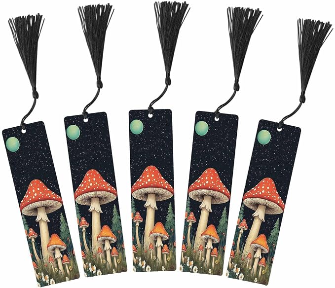 Mushrooms Bookmarks 5 Pcs with Tassels Dark Night Moon Stars Flowers Trees Wooden Bookmarks for Reading Women Students Teacher Reader