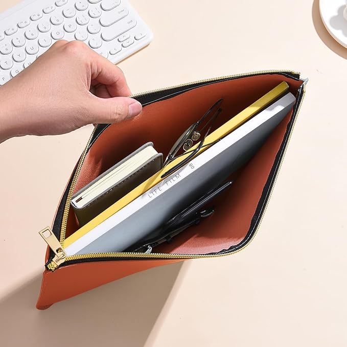 Enyuwlcm PU Leather A4 File Folder Zipper Document Holder Envelope Folder Case for Receipt Contract (1, Brown)