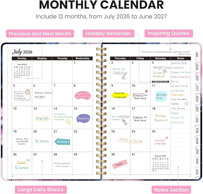 Planner 2026-2027, Monthly and Weekly Calendar Academic Planner July 2026 - June 2027, Hardcover Student Teacher Planning Agenda Book with Tabs, Perfect for Office School Supplies, A5 (6.3" x 8.5") - Pink Vortex