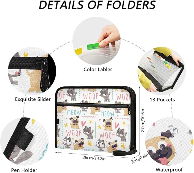 Cute Pug Dogs Cats File Folders,Plastic Folders with 13 Pockets,Expandable File Folder for Documents School Students Office,Aesthetic Folder with Labels A4 Letter Size