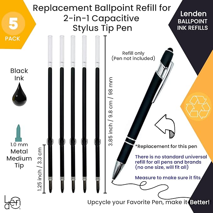 Pack of 5 Replacement Retractable Ballpoint Ink Refill for 2 in 1 Ballpoint Pen Capacitive Stylus Tip, Premium Metal Medium Point, Black Ink 98mm / 3.85” (Black Replacement Refill)