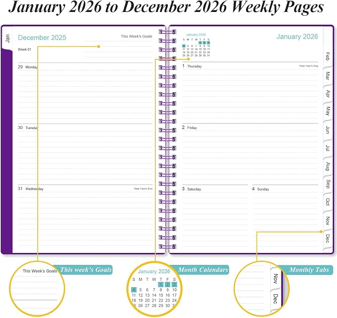 2026 Planner - Planner 2026 from January 2026 - December 2026, Weekly & Monthly Planner Spiral Bound with 12 Monthly Tabs, Inner Pocket, 6.4" x 8.5", Purple-B