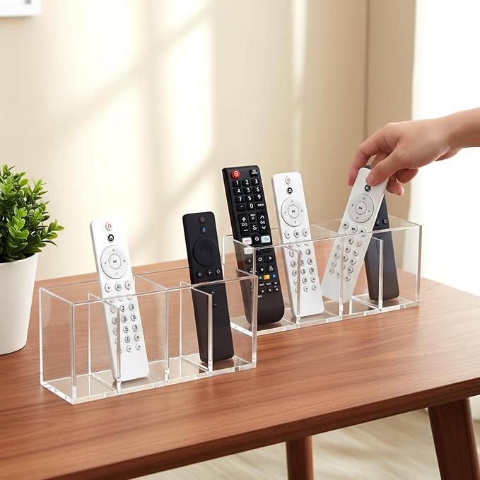 Amazing Abby Remote Control Holder (2-Pack), Clear Plastic 4-Compartment Organizer for TV Remote, Shatter-Proof Storage Box for Media Players, Controllers, and Office Supplies