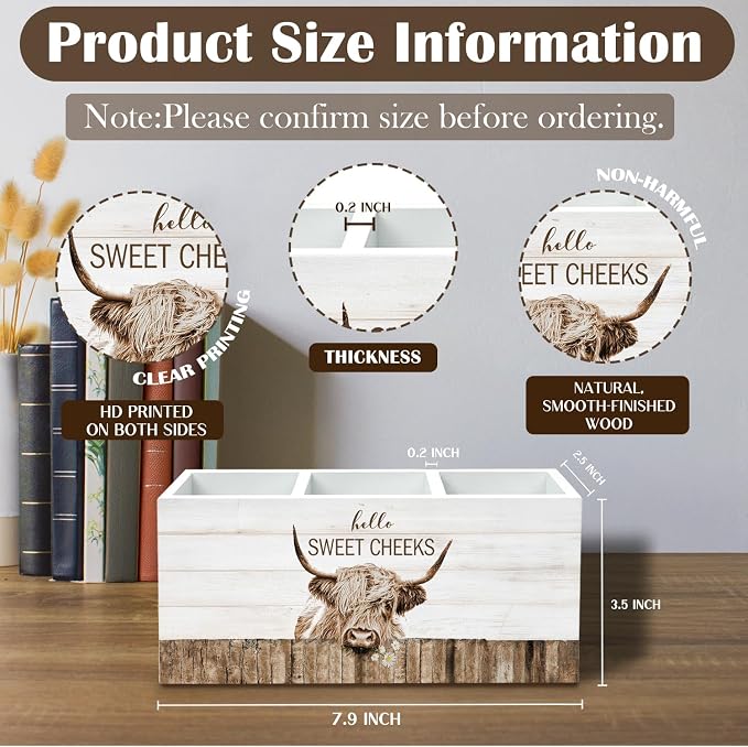 Rustic Highland Cow Bathroom Toothbrush Holder, Highland Cow Gifts Pen Pencil Organizer, Hello Sweet Cheeks Funny Animal Wooden Box Sign Decor for Home Bathroom Washroom Decoration