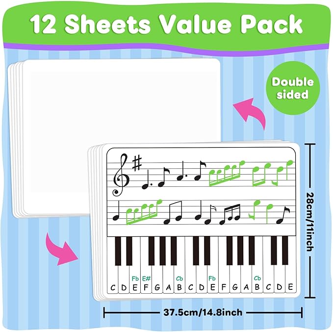 12 Pack Keyboard Practice Dry Erase Flash Card, 11”x14” Music Staff Sheets Chart Portable White Board for Music Teacher Supplies Wishlist Student Classroom Must Haves Piano Learning