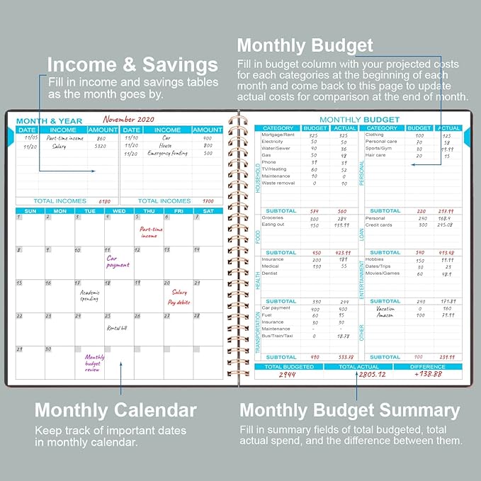 Budget Planner - 8" x 9.5" Monthly Budget Book with Expense Tracker Notebook, 2026 Budgeting Book and Financial Planner to Control Your Money. Large Size, PU Leather, Black