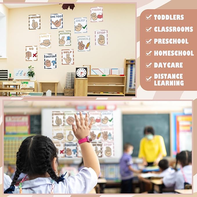MotiMind 15 Pcs Classroom Hand Signal Cards Signal with Adhesive Tapes Decor Classroom Learning Bulletin Board Hand Signals Language Posters for Teachers Students Visual Cues(Morandi)