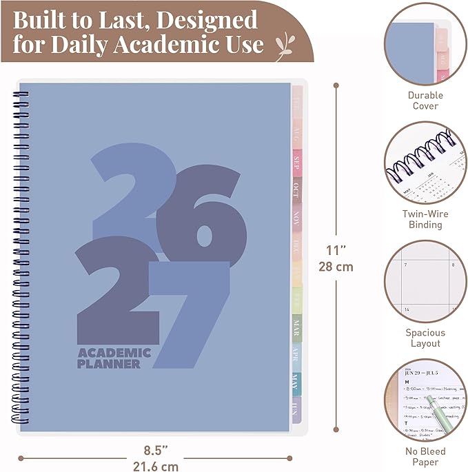 Rileys Academic Planner 2026-2027, Daily, Weekly & Monthly Planner, July 2026 - June 2027, Student Notes Pages, Twin-Wire Binding, Weekly Agenda for School & Work (8.5 x 11-Inches, Chunky, Blue)