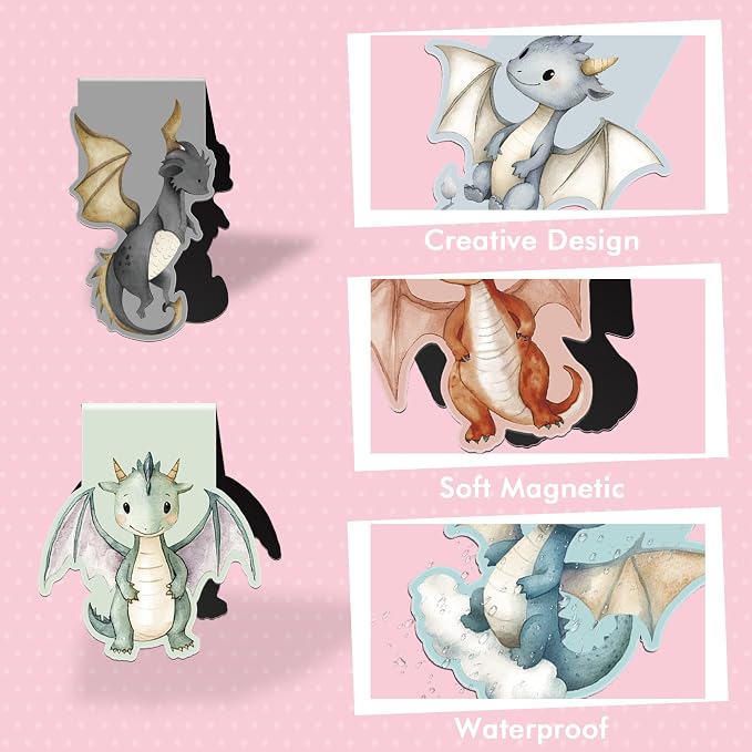 Cute Dragon Magnetic Bookmarks, 8 Pcs Fun Animal Book Marks for Reading Kids Boys Girls, Magnetic Bookmark Clips for School Supplies, Birthday Christmas Gifts for Book Lovers
