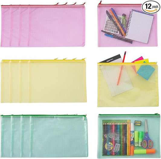 Fun Express 13 1/4" x 9 1/4" Medium Mesh Zippered Vinyl Storage Bags - 12 Pieces