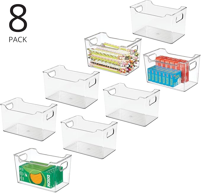 mDesign Deep Plastic Office Storage Bins with Handles for Organization in Filing Cabinet, Closet, or Desk Drawers, Organizer for Notes, Pens, Pencils, and Staples - Ligne Collection - 8 Pack - Clear