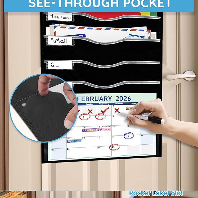 ALSLEA Hanging File Organizer 8 Pockets 15¾”W Legal/ Letter Size Paper Organizer, Pocket Chart for Classroom , Mail Organizer Wall Mounted, Over the Door Organizer with 12 Nameplate, 5 Hooks (Black)