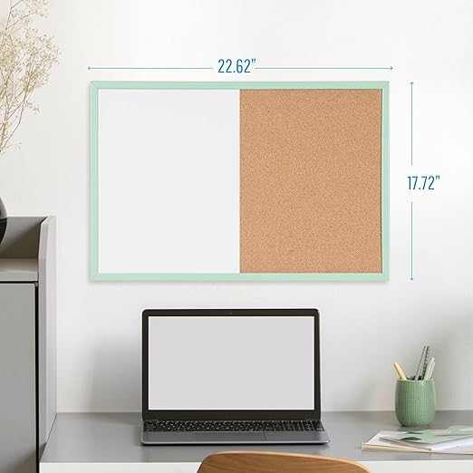 MasterVision Pastel Combo Bulletin and Dry Erase Board, 24" x 18", Green Frame, Decorative Magnetic Whiteboard and Cork Board, Wall Décor for Home, Office, Dorm, or Classroom