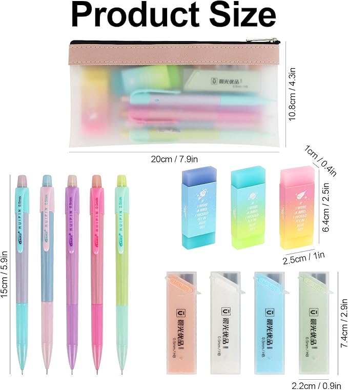 Buqoo Mechanical Pencil Set, 5PCS 0.5mm Cute Pastel Mechanical Pencils, 3 Candy Jelly Gradient Eraser with 80PCS HB 0.5 Lead Refill and Zipper Bag Pencil Kit for Art, Drawing Pencils for Sketching