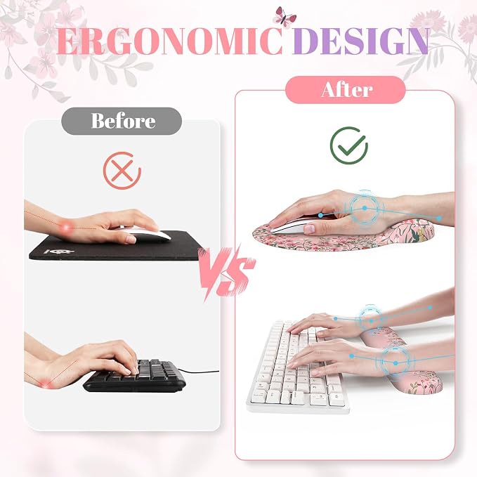 iCasso Desk Mat Set,Large Mouse Pad with Wrist Rest,Ergonomic Keyboard Wrist Support for Women,Girly Floral Computer Mat with Scalloped Edges,Non-Slip Desk Pad Home Office Gaming (Pink)