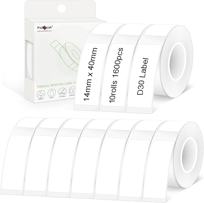 PARLAIM 10 Rolls D30 Label Tape, Pre-Cut Self-Adhesive Label Tapes, 0.55 x 1.57 Inch (14 X 40mm) Square Thermal Label Sticker for Portable Printer, 1600pcs White Labels