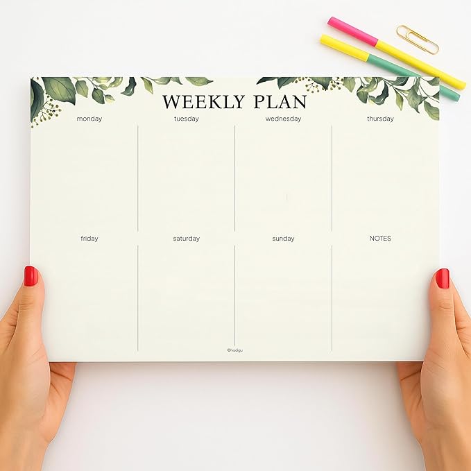 Weekly Planner Notepad, Undated Tear Off Weekly To Do List Notepad, 11.5" x 8", Eucalyptus Design on Cream Base, Premium Thick Paper and Cardboard Back Support, Desk Planner for Work, Office and Home.