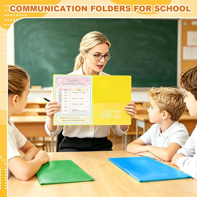 24 Pcs Back to School Take Home Folders for Elementary Students 2 Pocket Folders with Clear Front Pocket 4 Inner Pockets Plastic Parent Teacher Communication Folder 11.81 x 9.45 Inch (Mixed Color)