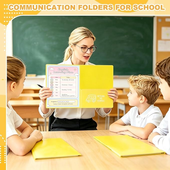 24 Pcs Back to School Take Home Folders for Elementary Students 2 Pocket Folders with Clear Front Pocket 4 Inner Pockets Plastic Parent Teacher Communication Folder 11.81 x 9.45 Inch (Yellow)