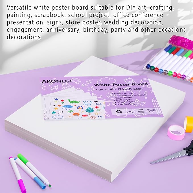 AKONEGE 25PCS Poster Board 11" x 14" White Poster Paper Bulk, 250GSM Thickness Vision Boards Blank Graphic Display Posterboards for School Arts Crafts Projects Drawing Office Presentations Supplies