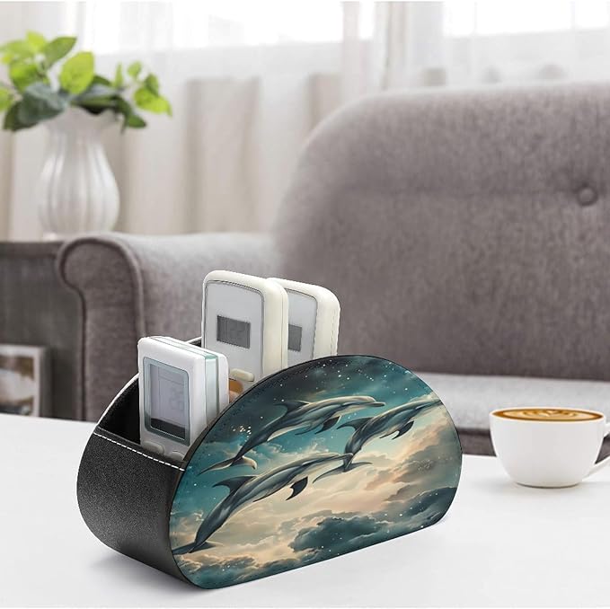 Dolphin Starry Sky Galaxy Ocean Remote Control Holder with 5 Compartment PU Leather Multi Functional Desk Storage for TV Remotes Office Supplies