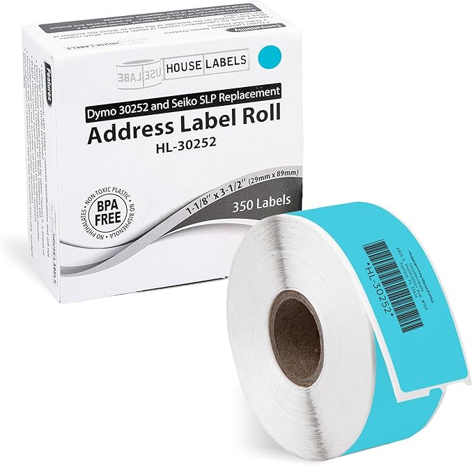 HOUSELABELS Compatible DYMO 30252 Blue Address Labels (1-1/8" x 3-1/2"), Strong Permanent Adhesive, Compatible with DYMO LW 450, 4XL, Rollo & Zebra Desktop Printers, 8 Rolls /350 Labels