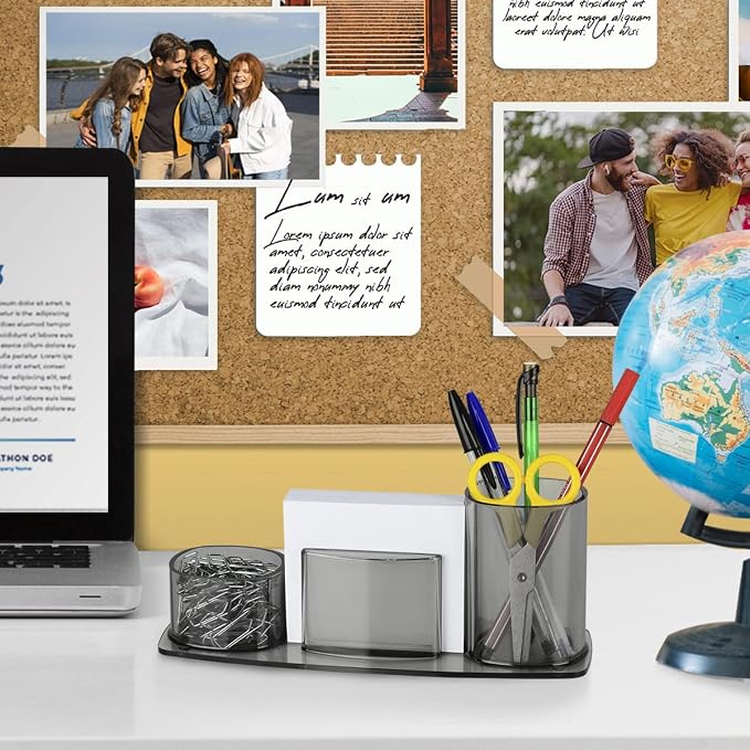 Acrimet Millennium Desk Organizer Cup Caddy – Plastic Desktop Holder for Pen, Pencil, Clips, Desk Accessories & Memo Paper – Includes 200 Sheets of Memo Paper (Clear Gray Color)