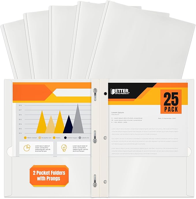 Better Office Products 2 Pocket Glossy White Paper Folders with Prongs, 25 Pack, Letter Size, High Gloss White Paper Portfolios with 3 Metal Prong Fasteners, Box of 25