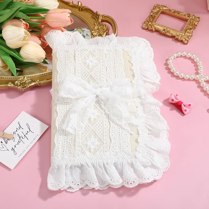 Tofficu Fabric Book Cover with Lace Trim and Bow, A5 (5.9 x 8.3'') Vintage Cloth Book Sleeve Protector for Paperbacks, Notebooks, Bible and Planners, Aesthetic Reusable Wrap for Reading Lovers, Beige