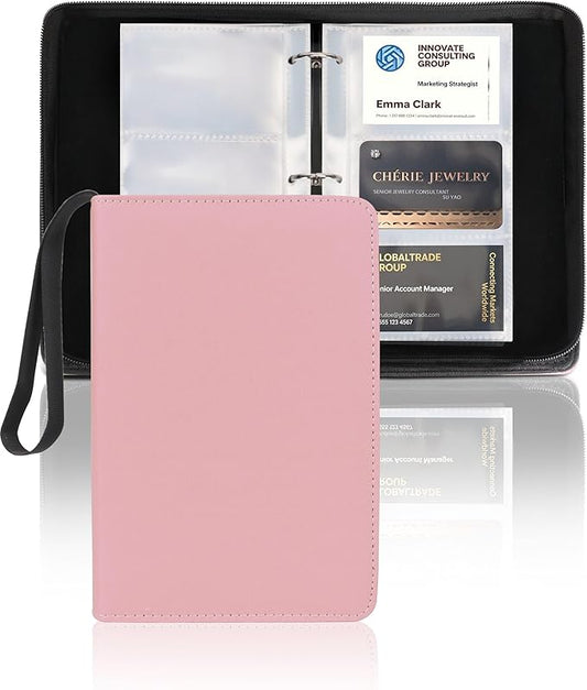 Leather Business Card Book Holder Organizer, Professional Name Card Book Holder with 300 Card Capacity, Portable PU Credit Card Binder File Sleeve Storage for Men Women,50 Pack Sleeves Zipper Closure