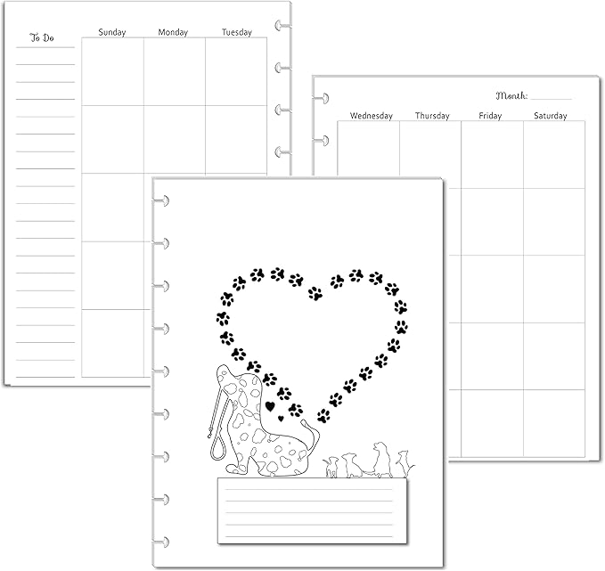 Undated Monthly Calendar Refills for Letter, Junior, Classic, Skinny, Mini size Discbound Planners Fİtts Happy Planners Levenger Circa TUL Staples Arc Notebook Office (9-Disc, 7"x9.25", Dog)