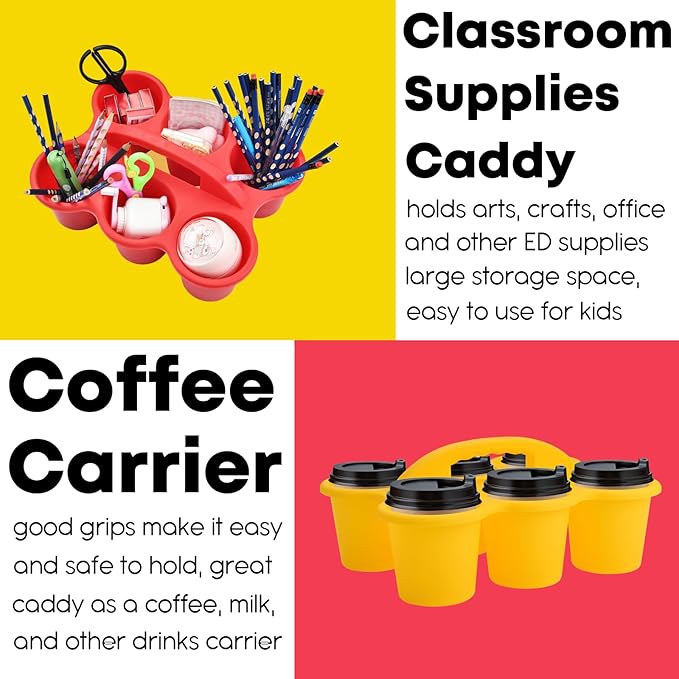 ALINK 6 Pack Classroom Caddy Storage Basket with Handle, Plastic Drink Cup Caddy Holder, 6 Compartments for Kids, Table, Office, Arts, Crafts, Crayon, Marker, Pencil, School Supplies - Assorted Colors